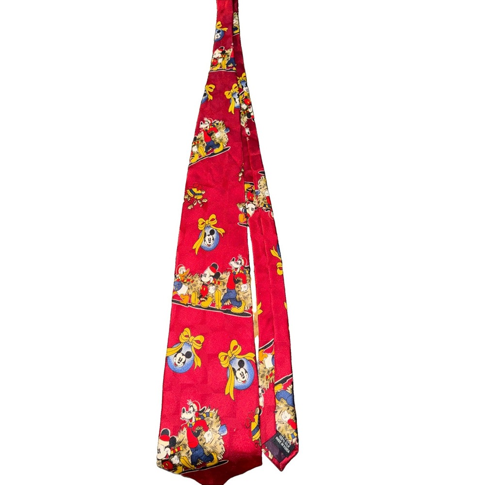 Disney Atlas Design Christmas Tie Mickey Mouse Pluto Tree Red Silk Vintage EUC